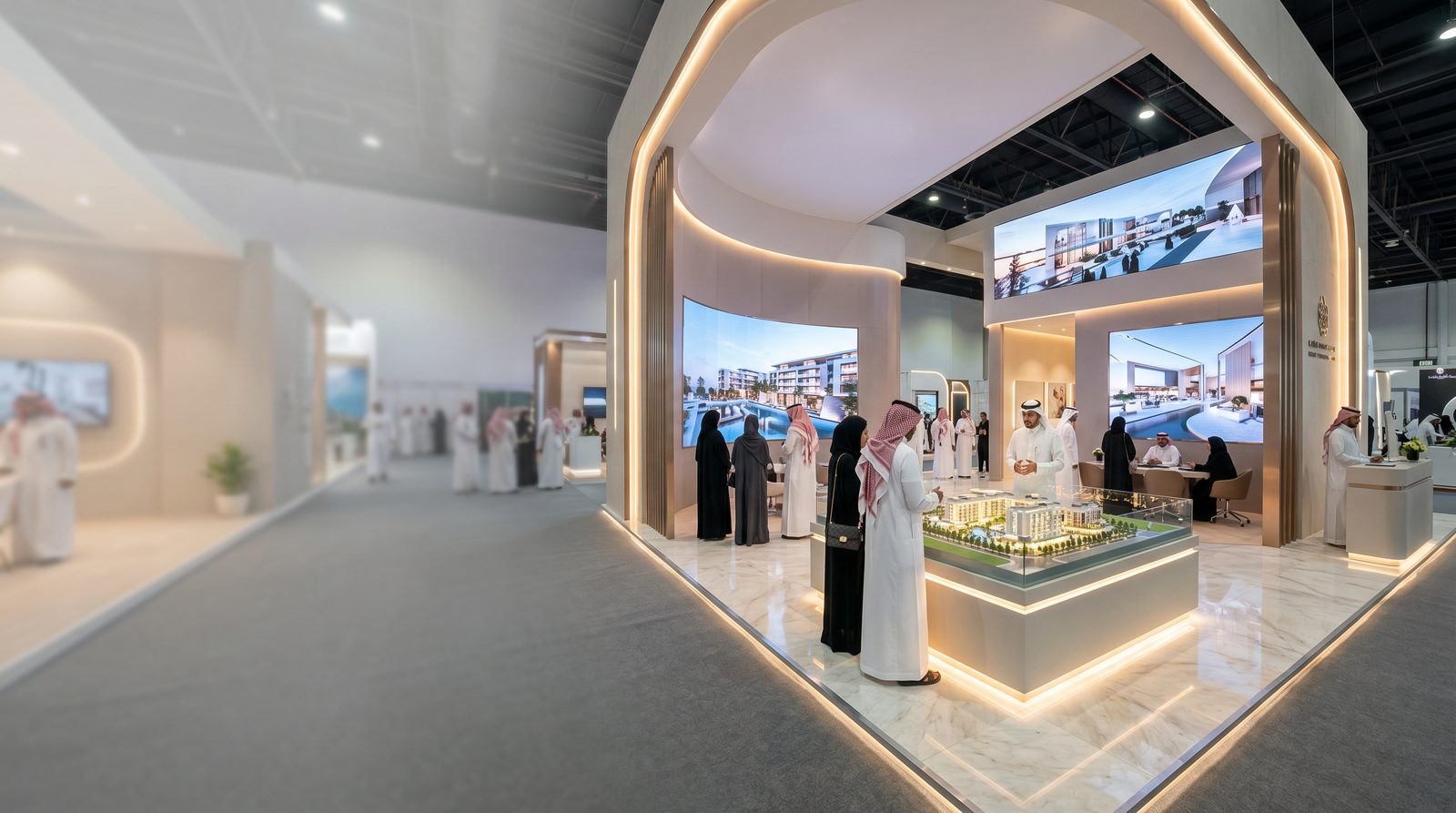 جناح معرض عقاري بهوية العلامة — branded real estate exhibition pavilion